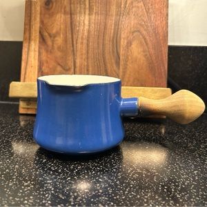 Dansk butter warmer MCM vintage blue enamel cast iron and wood pot